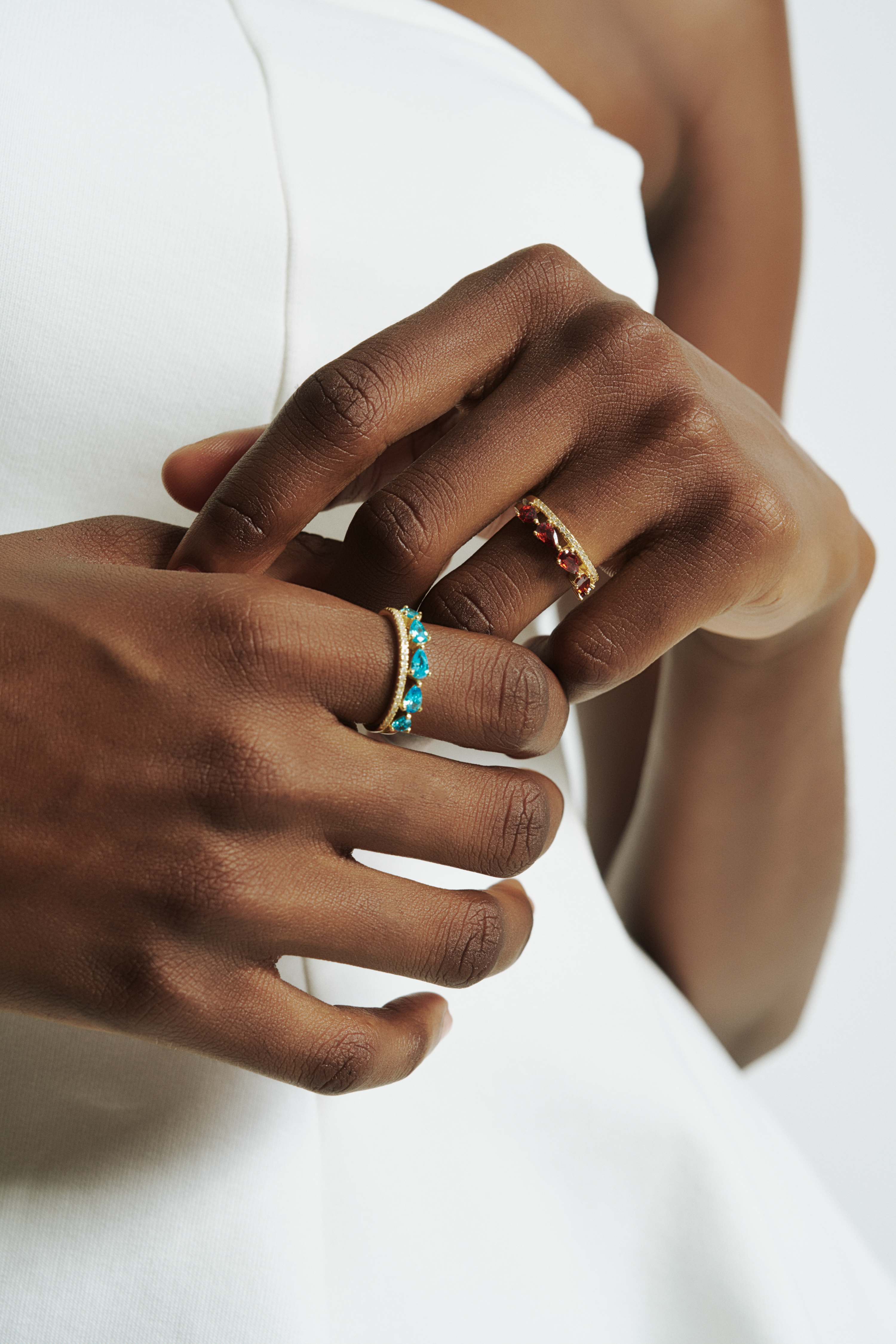 Aqua Gleam Duo Ring pave band in 14k gold plated silver
